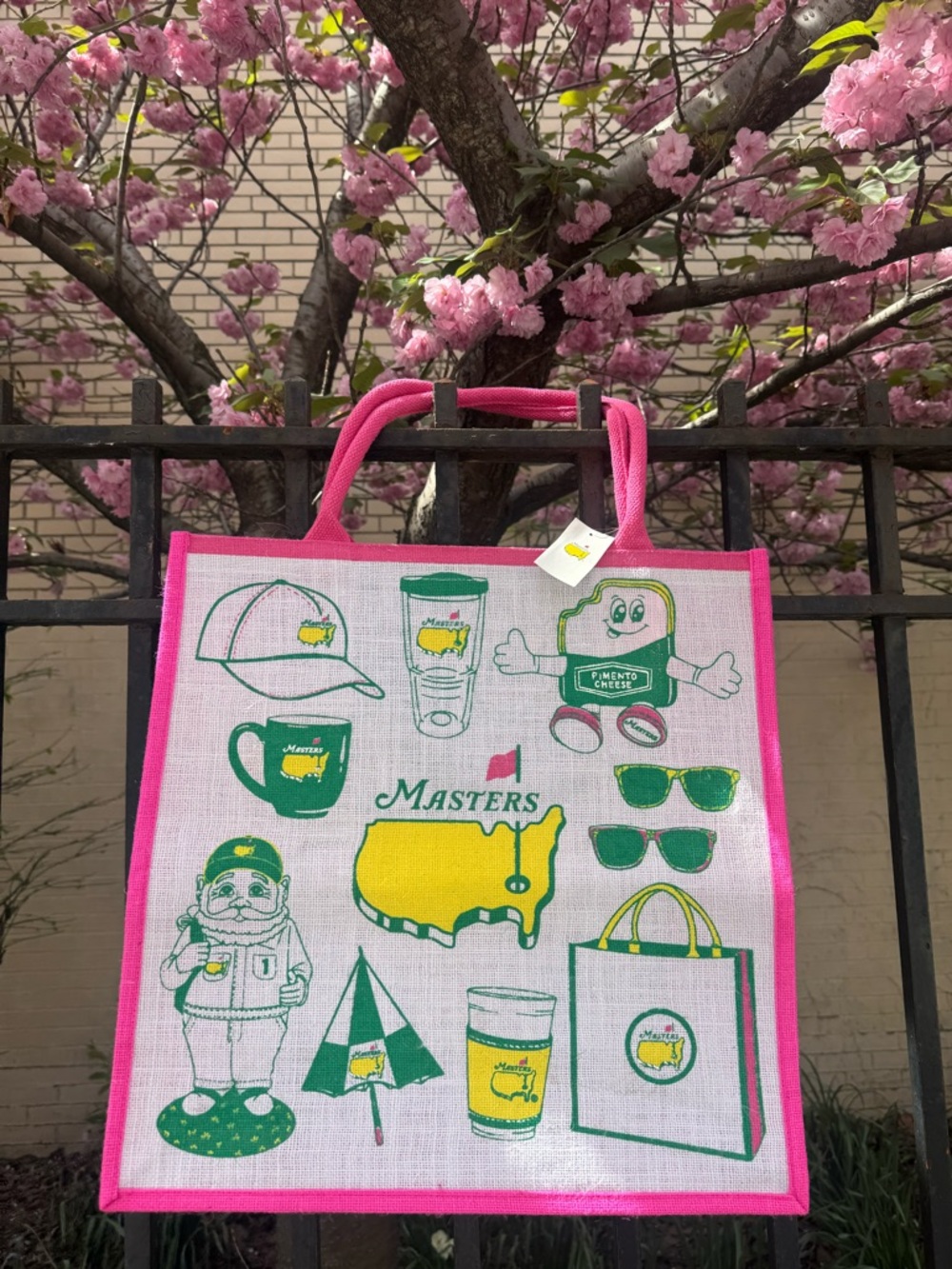 Masters Burlap Tote with Pink Trim and Yellow & Green Graphics